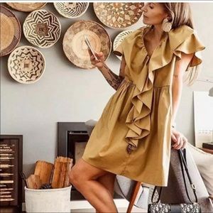 Zara Flounced Sleeve Ruffles Poplin Dress Green